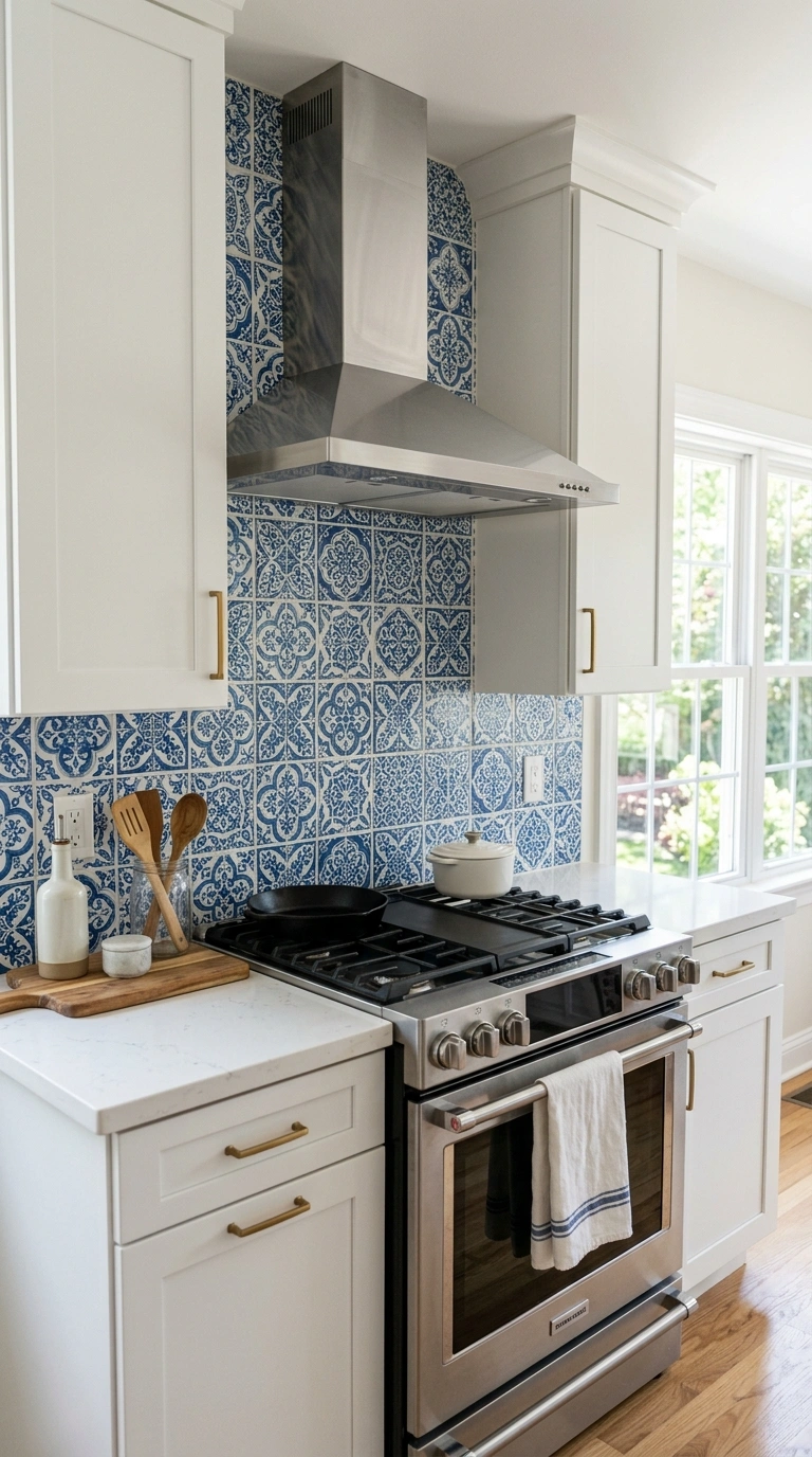 006 Patterned Backsplash Tile A kitchen with a blue an