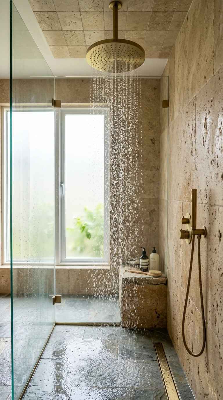 006 Rainfall Shower Head A walk in glass shower with a