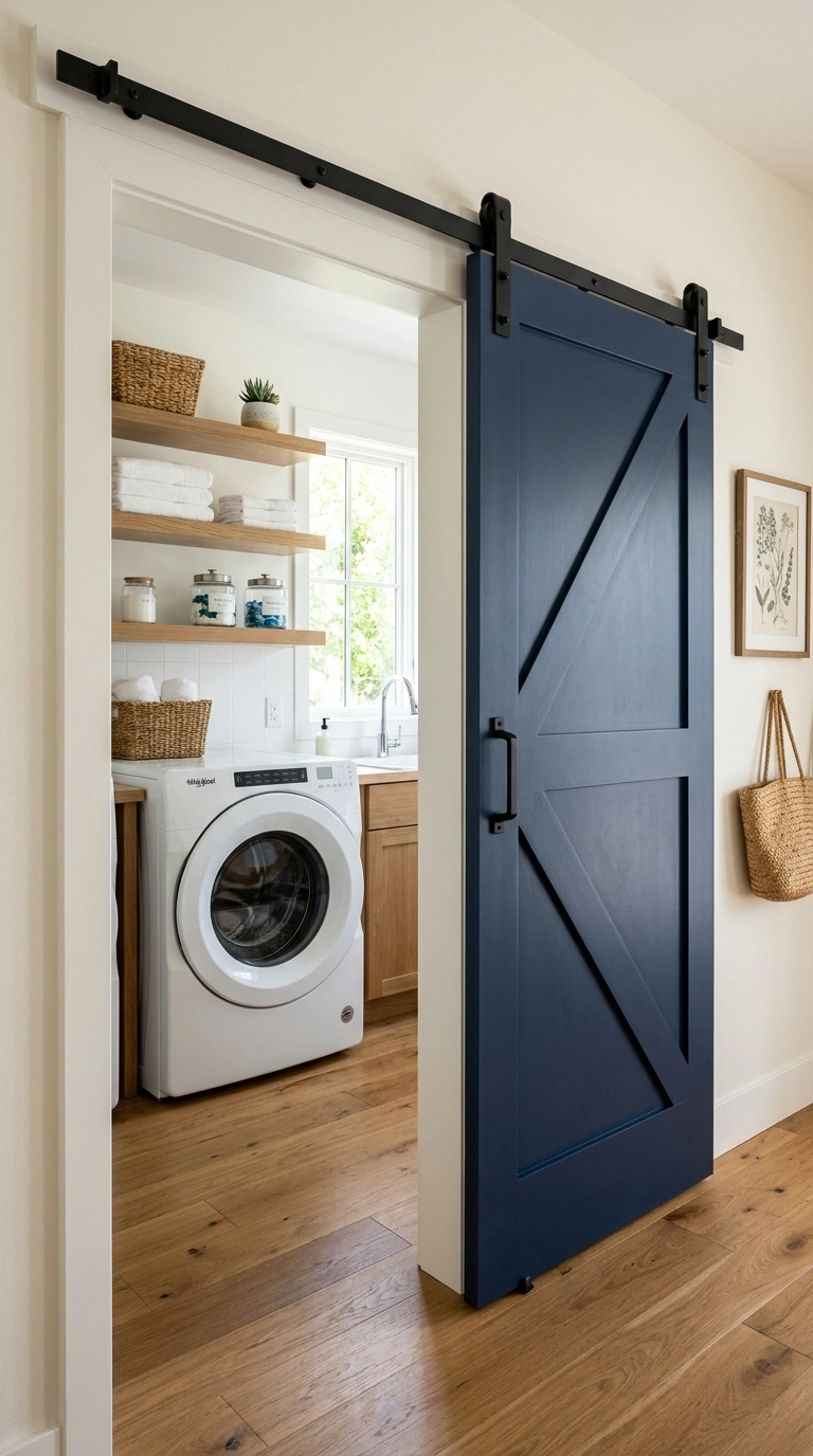 006 Sliding Barn Door A laundry room entrance with a n