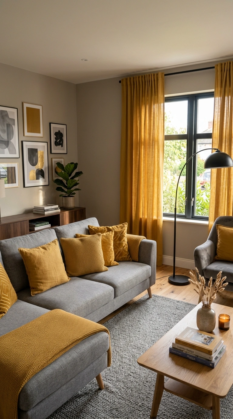 006 Soft Gray and Mustard Yellow A living room with so