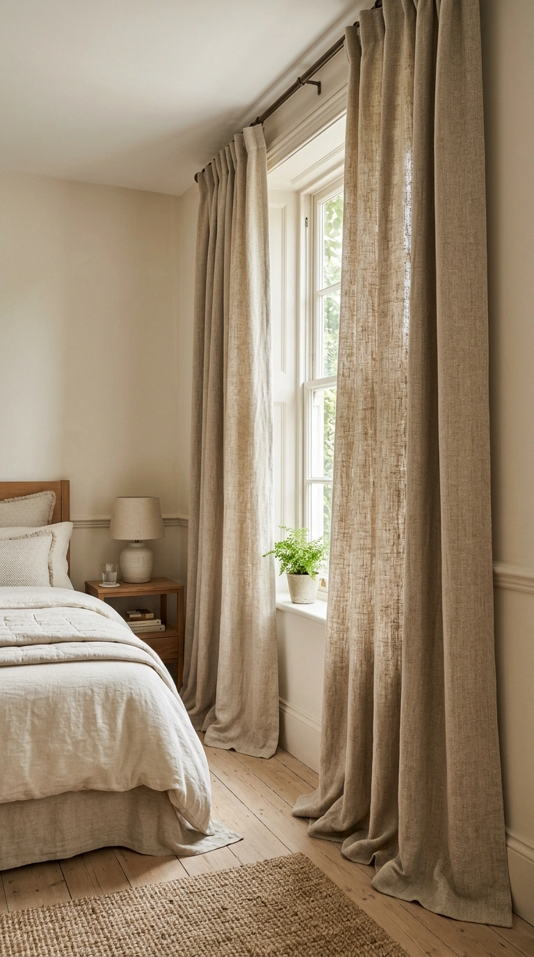 006 Textured Linen Curtains A bedroom window with heav