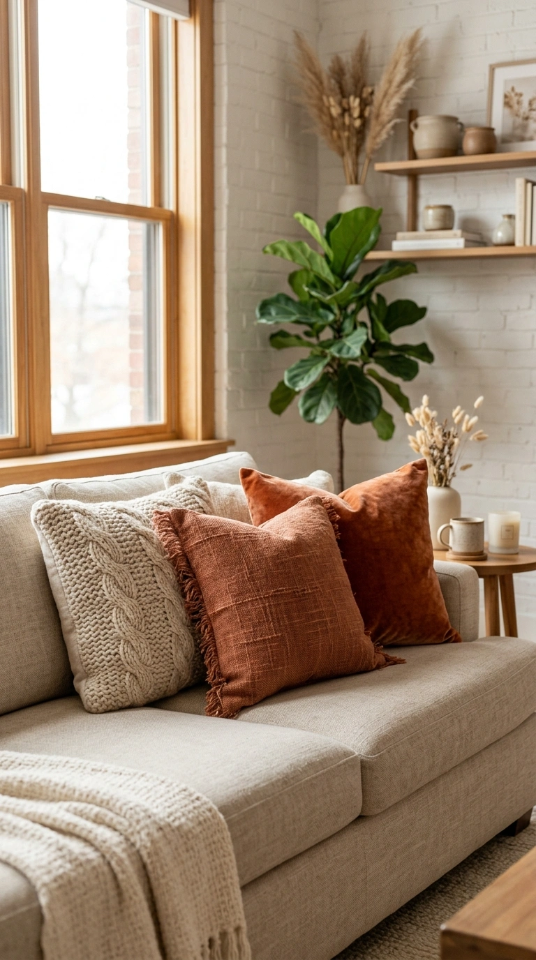 006 Textured Throw Pillows A neutral sofa styled with
