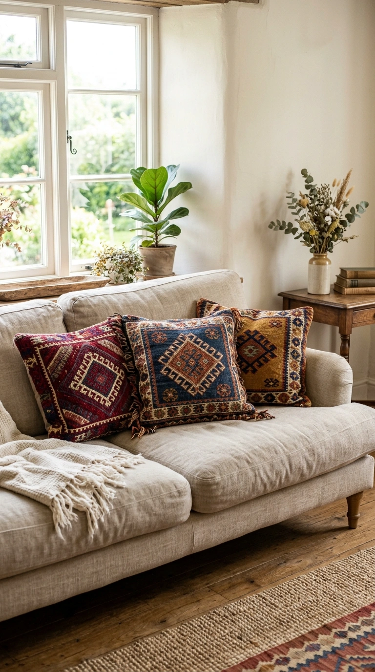 006 Vintage Kilim Pillows A neutral linen sofa styled