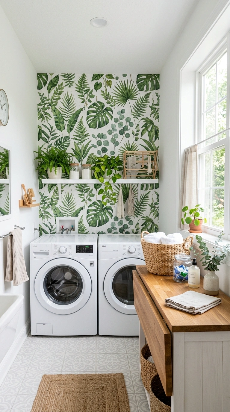 006 Wallpaper Accent Wall A laundry room with a botani