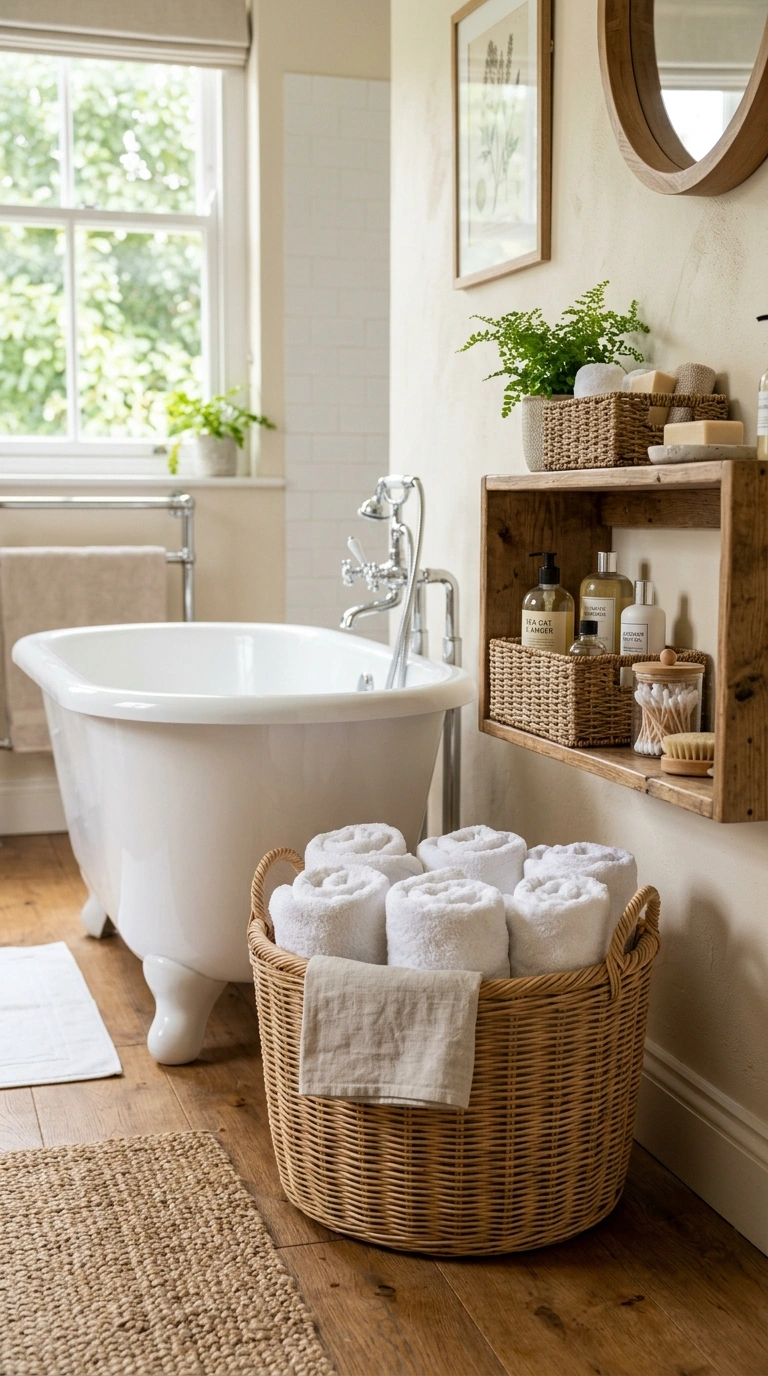 006 Woven Basket Storage A bathroom corner with a larg
