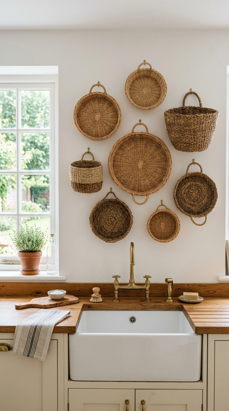 006 Woven Basket Wall A grouping of eight natural ratt