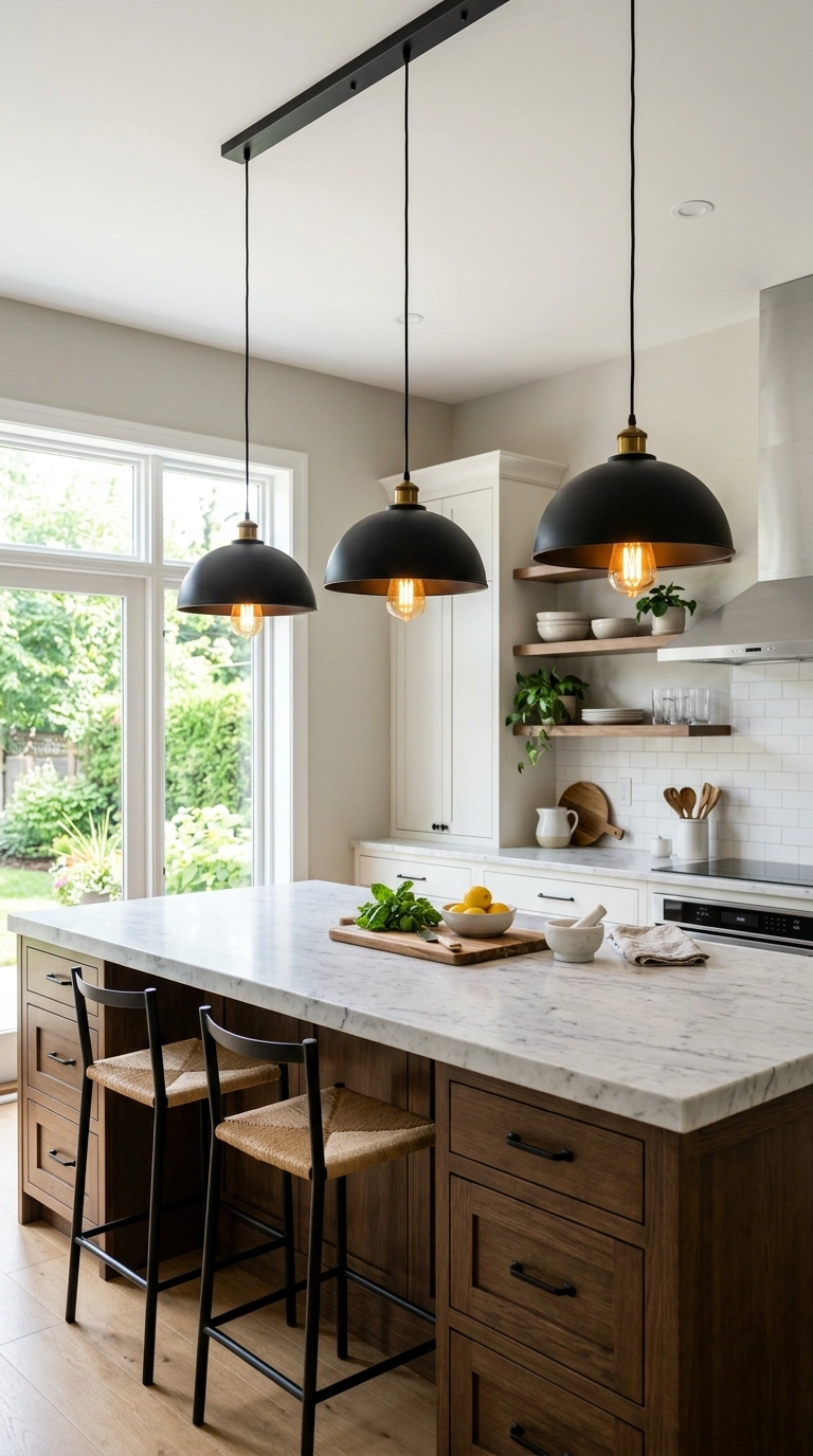 007 Black Pendant Lights A kitchen island with three m
