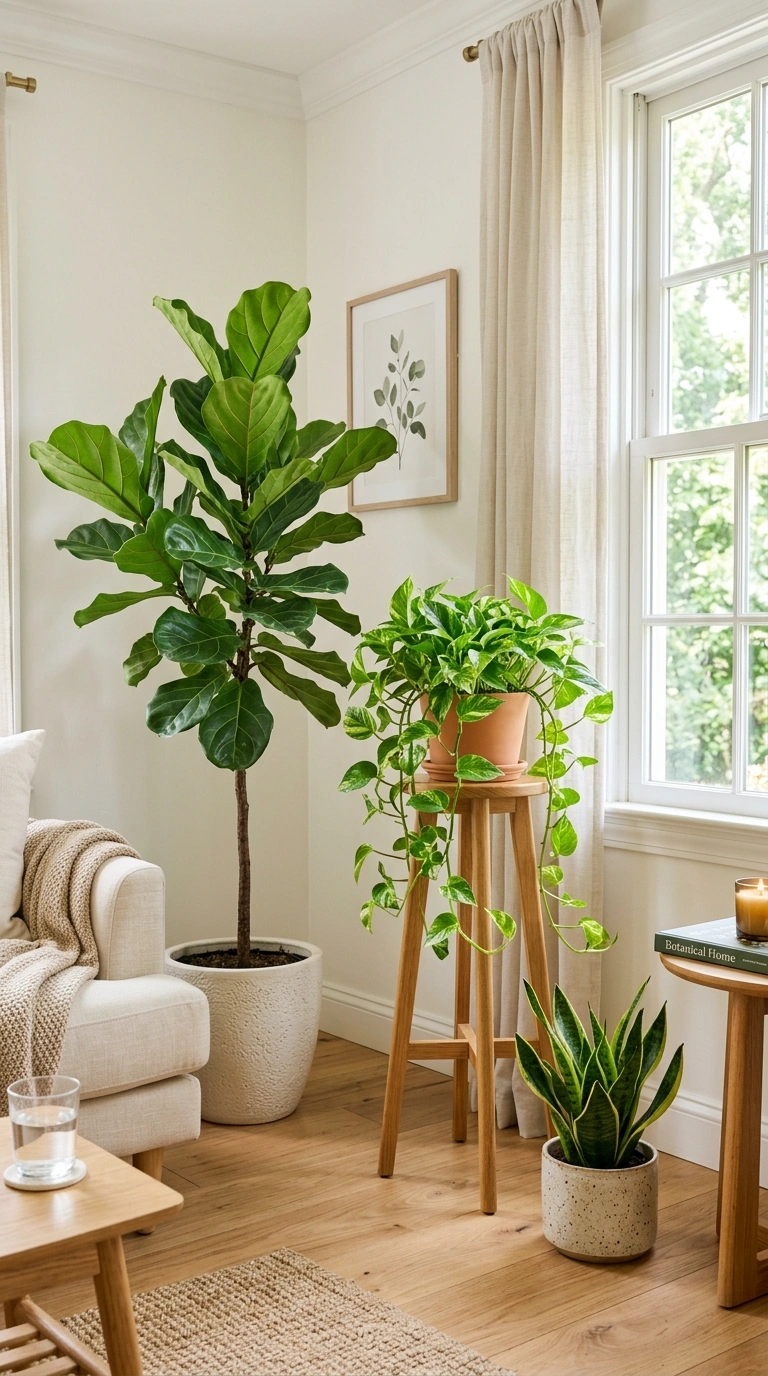 007 Botanical Corner A living room corner with a tall