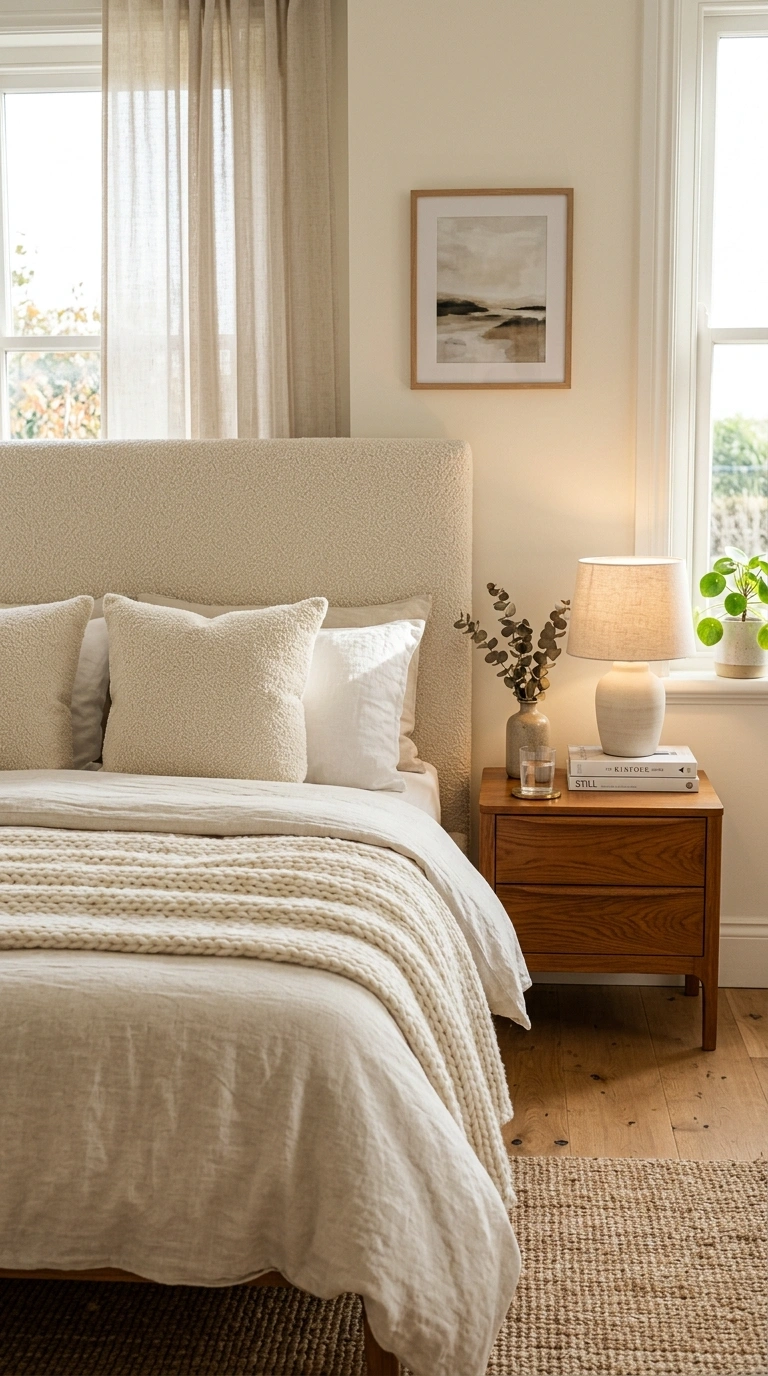 007 Boucle Texture Accents A bedroom with a cream bouc