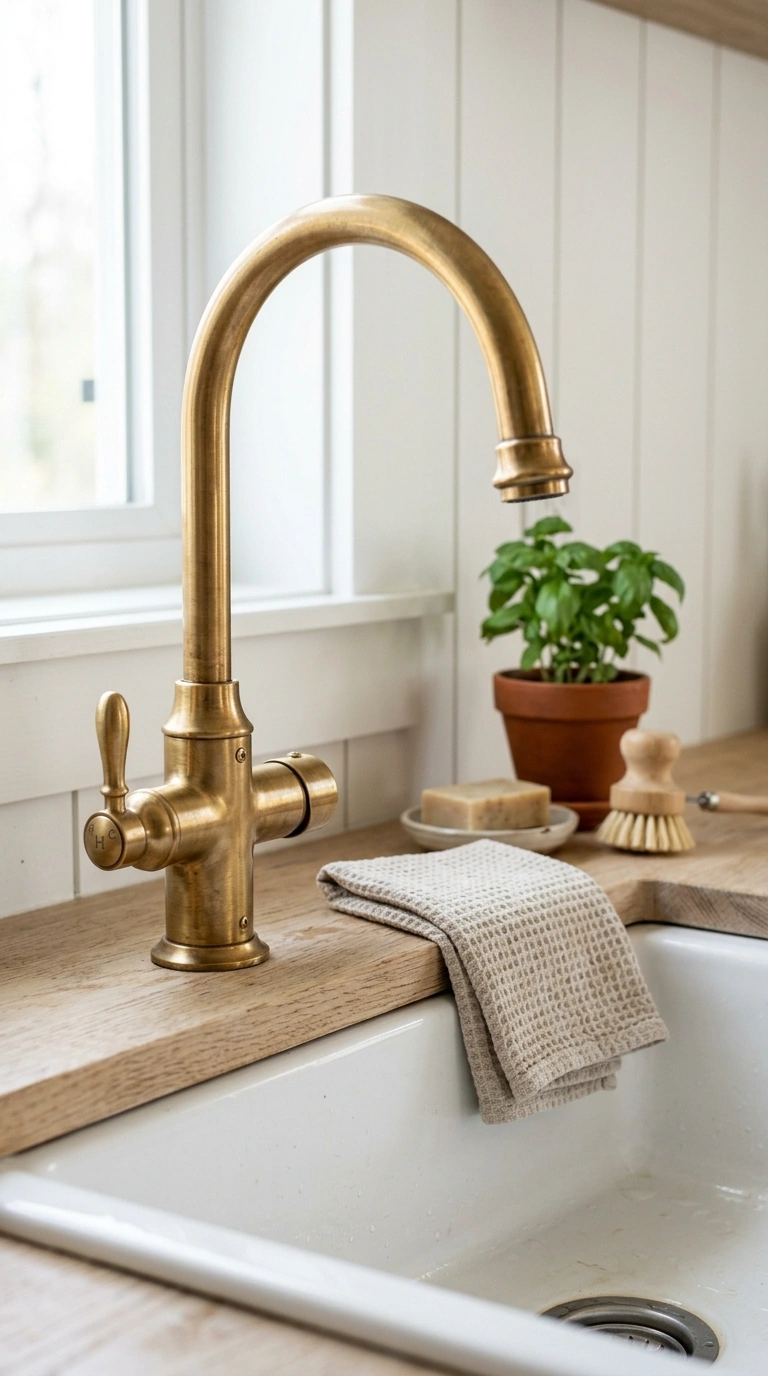007 Brass Faucet Detail A close eye level shot of a ki