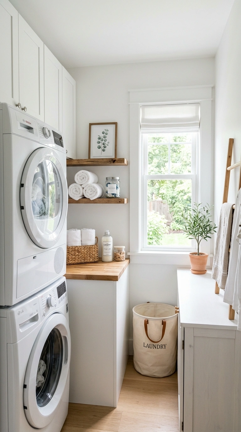 007 Bright White Walls A small sunlit laundry room wit
