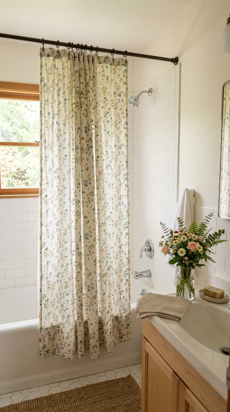 007 Floral Print Curtain A soft bathroom with a small