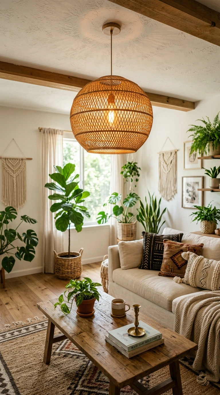 007 Hanging Rattan Lights A living room ceiling with a