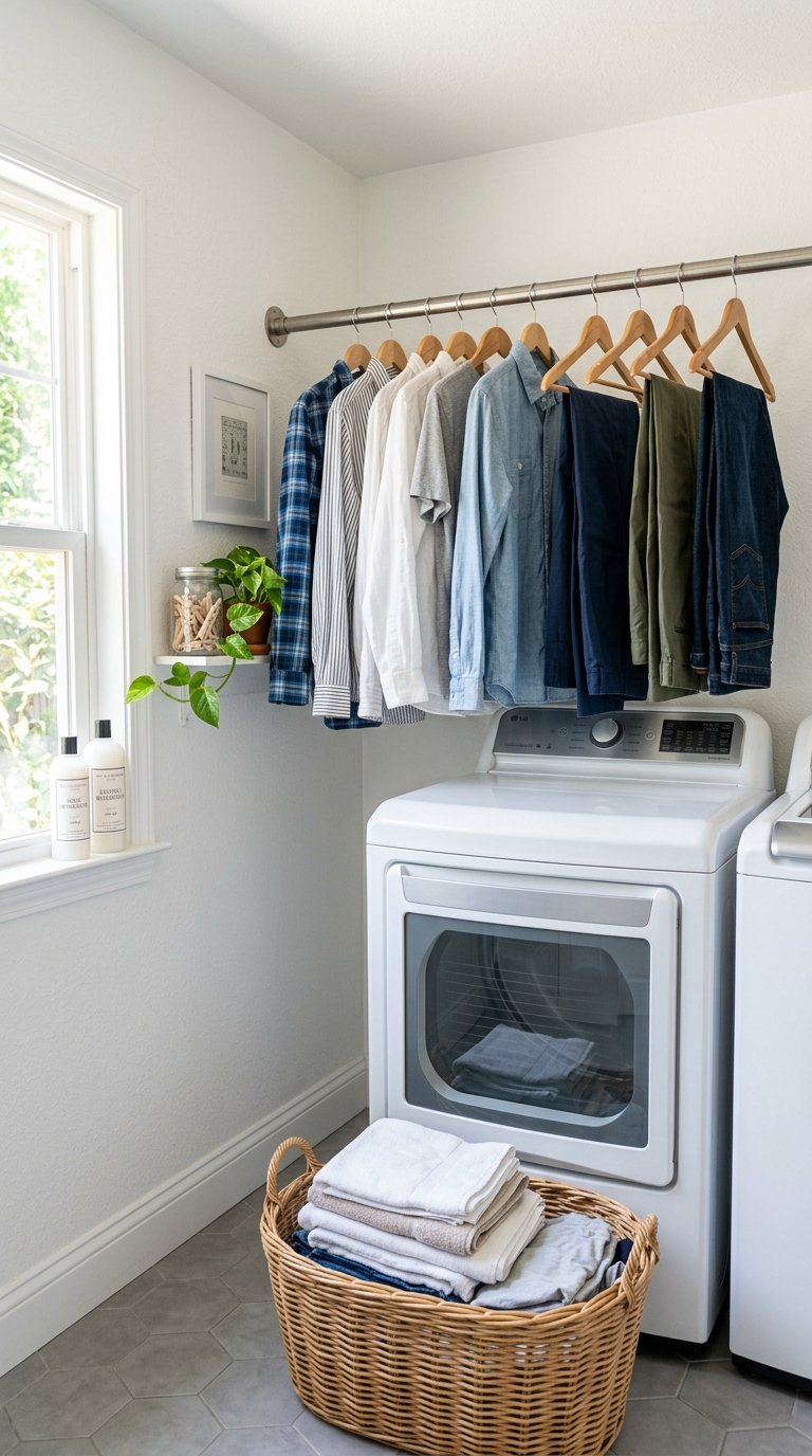 007 Hanging Storage Rod A laundry room with a metal ha