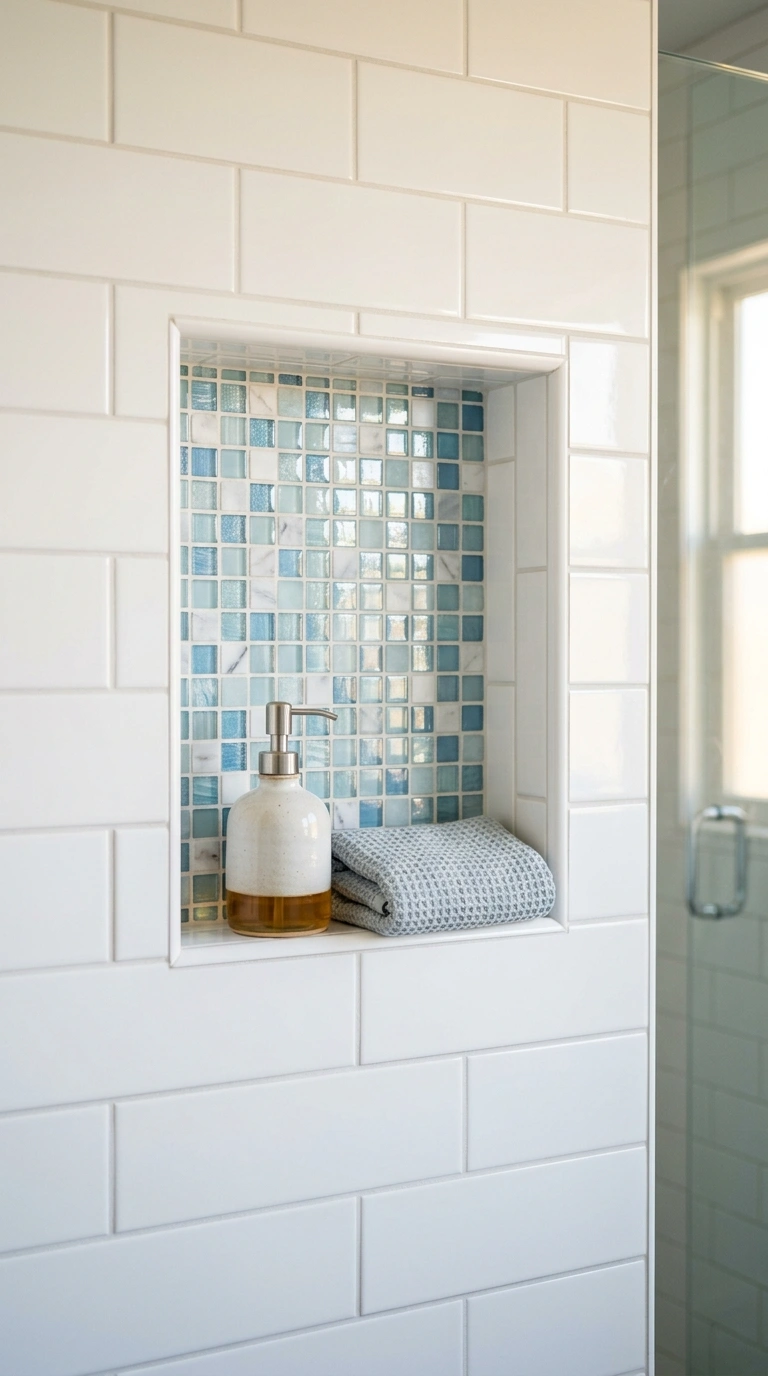 007 Mosaic Niche Detail A plain white subway tiled sho
