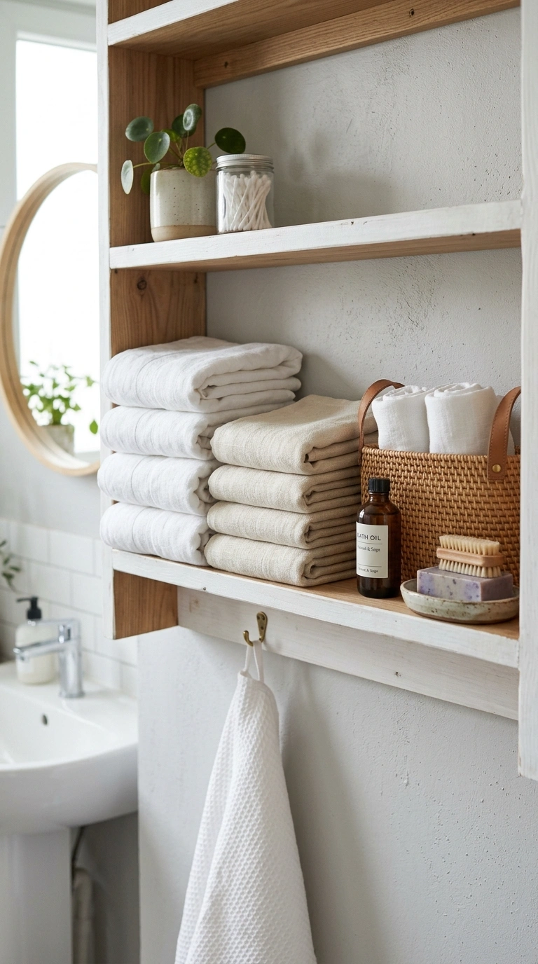 007 Neutral Linen Towels A bathroom open shelf with ne