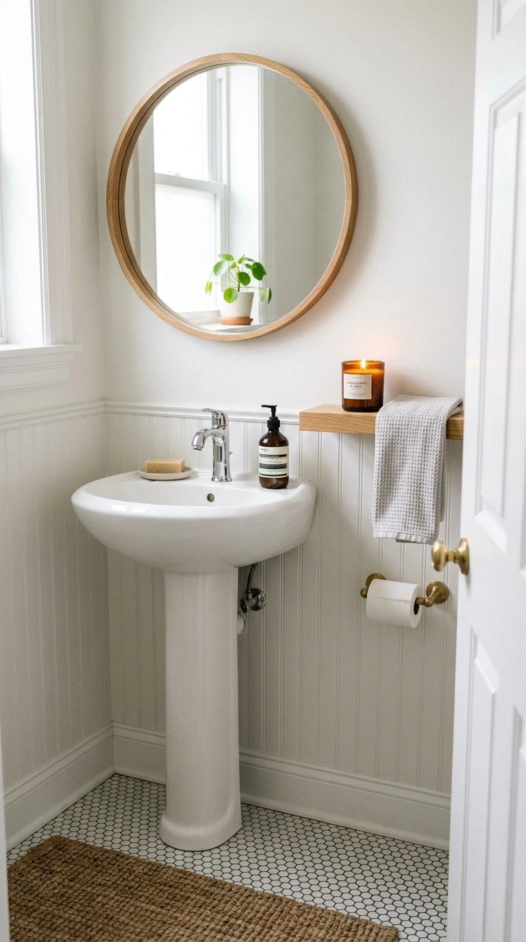 007 Pedestal Sink Swap A small powder room with a whit