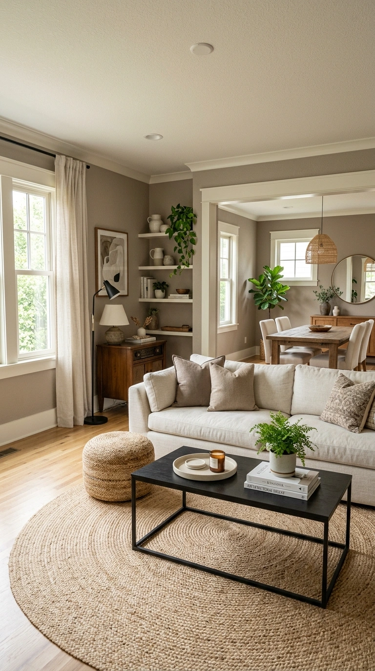 007 Taupe and Off White A living room with taupe walls