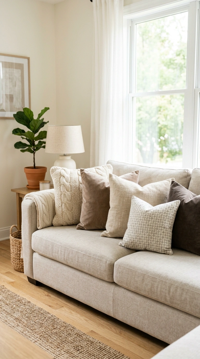 007 Textured Throw Pillows A neutral sofa styled with