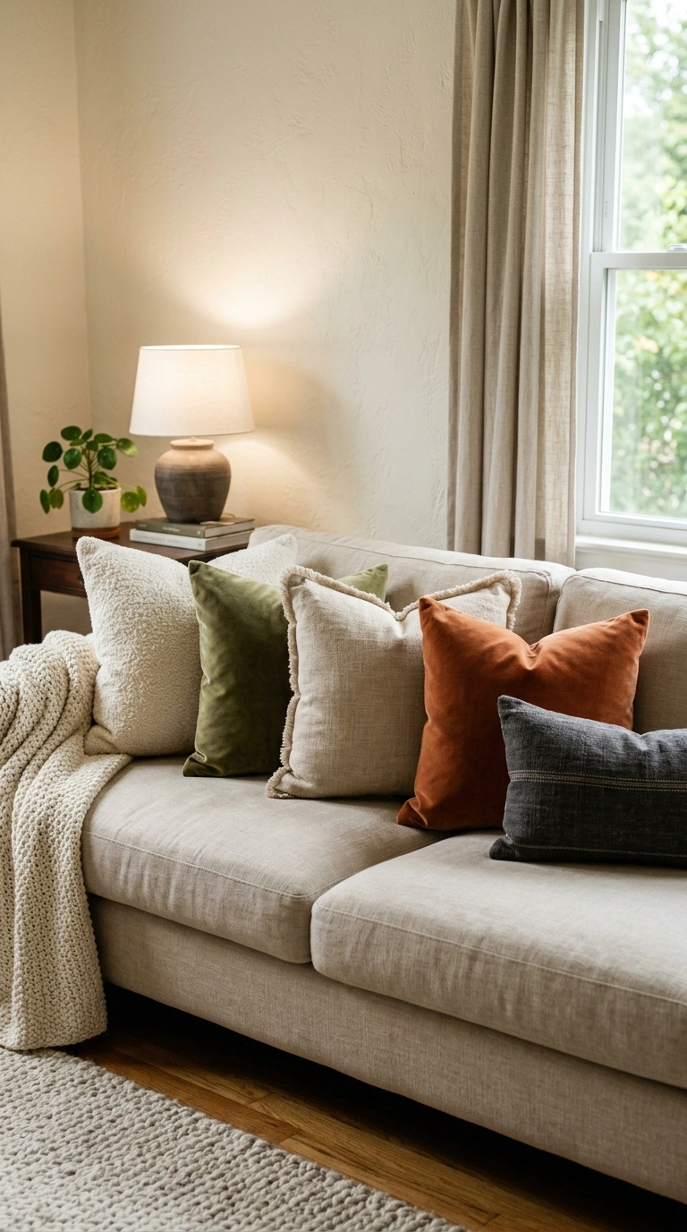 007 Textured Throw Pillows A neutral sofa styled with 1 1
