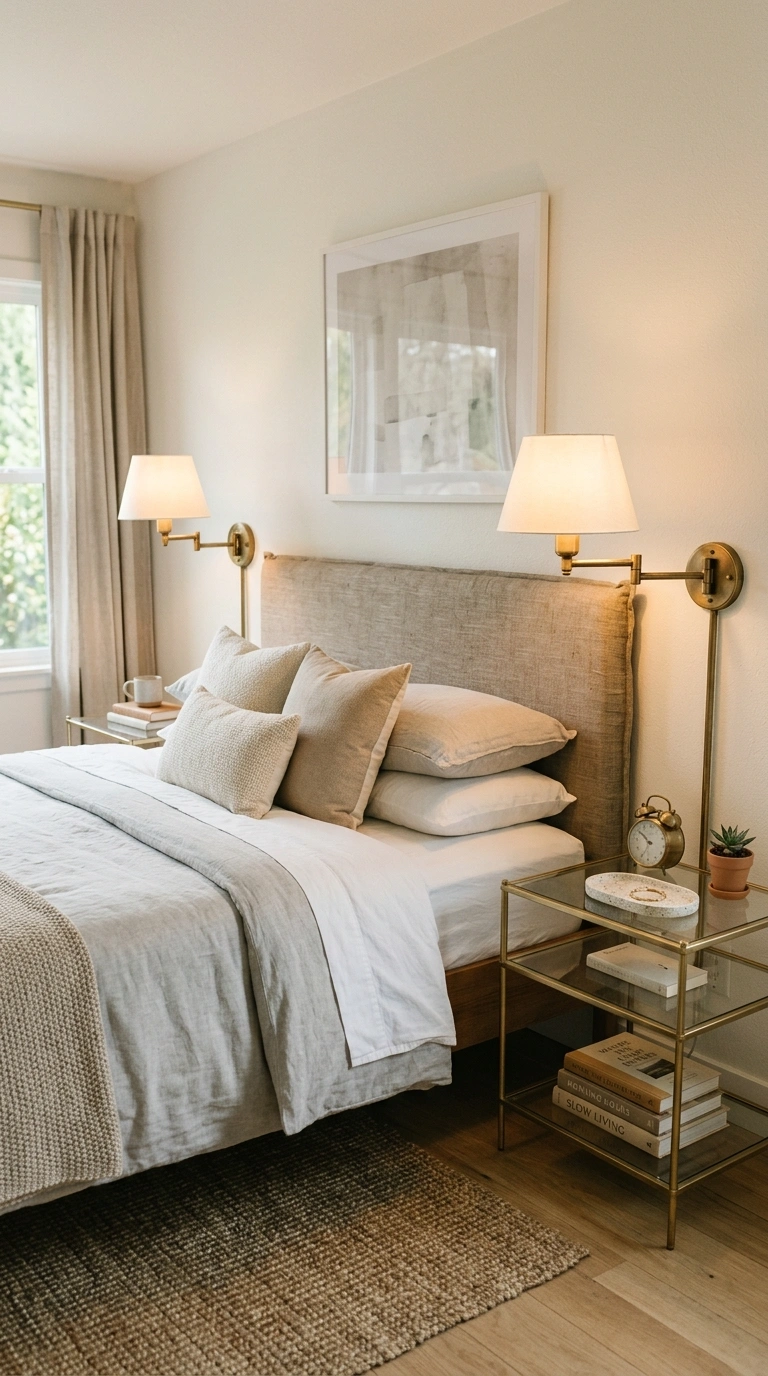 007 Wall Mounted Sconces A bed with two swing arm wall