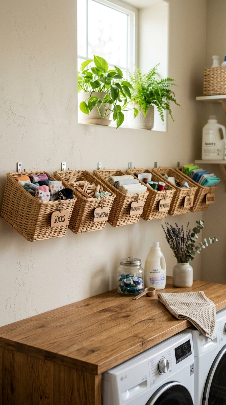 007 Wicker Basket Wall A row of shallow wicker baskets