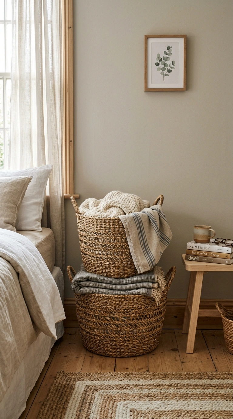 007 Woven Basket Storage A bedroom corner with two sta
