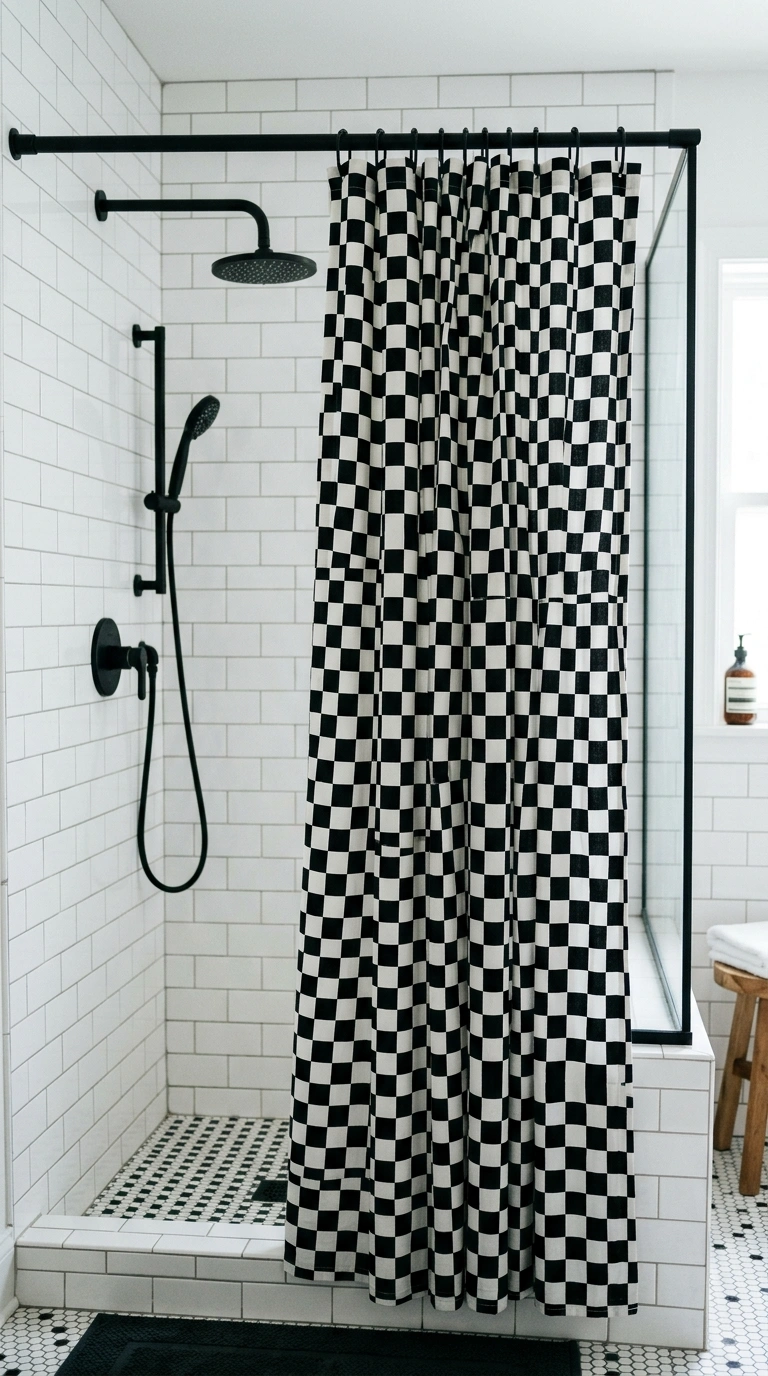 008 Black And White Curtain A bathroom with a black an