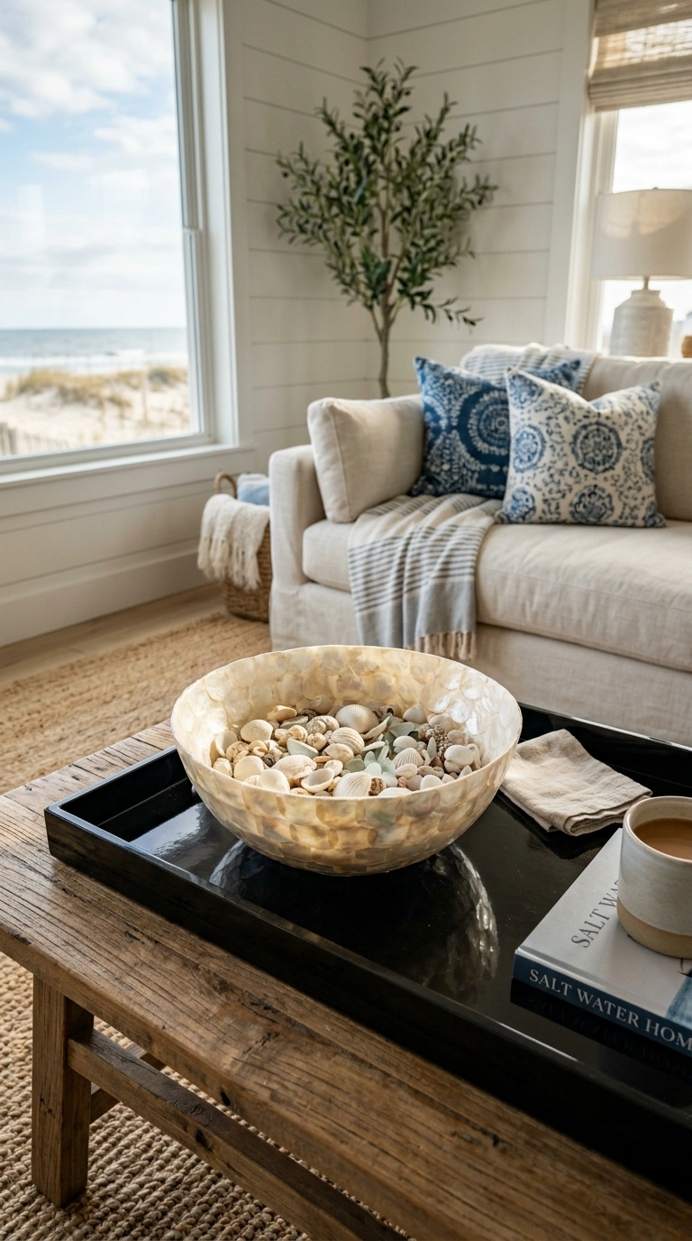 008 Capiz Shell Bowl A coffee table with a black lacqu