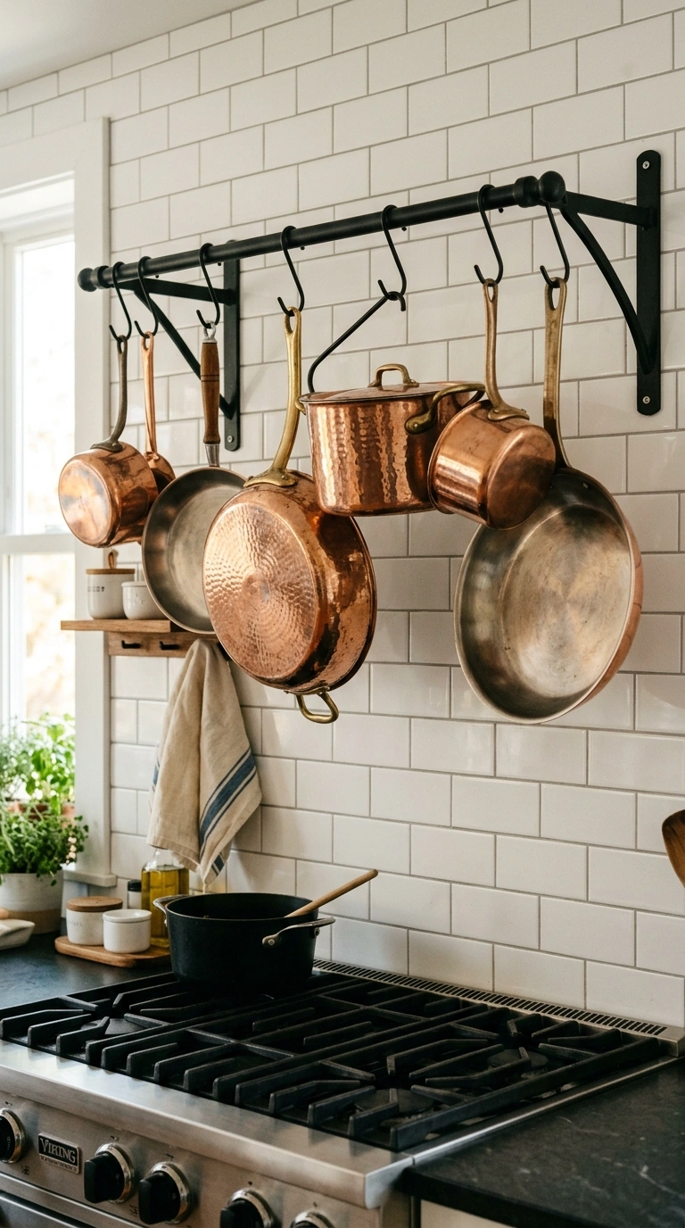 008 Copper Pot Rack A wall mounted black metal bar abo