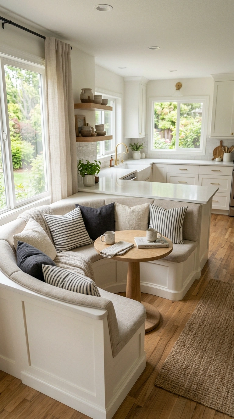 008 Curved Bench Nook A kitchen island with a curved u