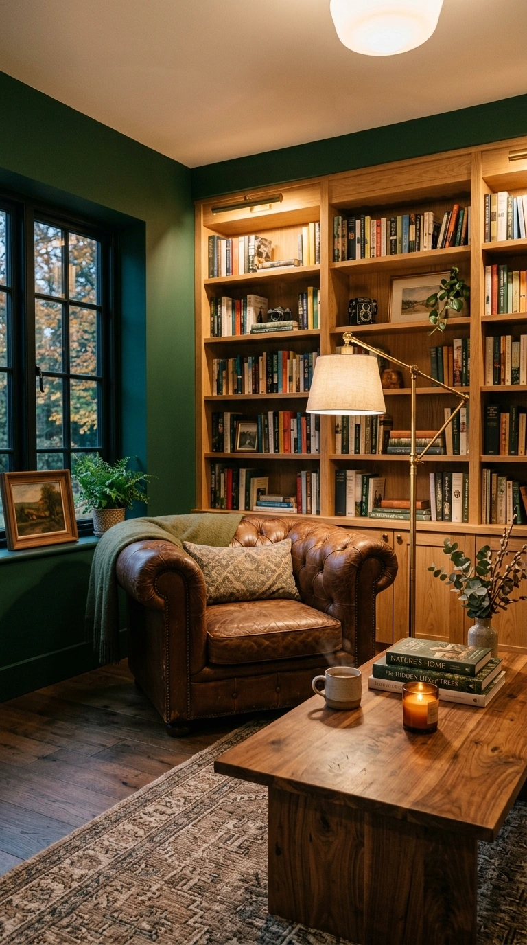 008 Deep Green and Warm Wood Tones A living room with