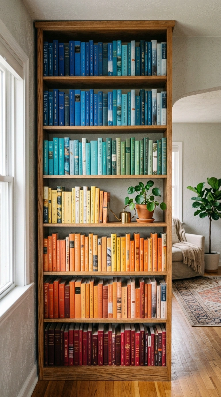 008 Display Books by Color An open bookshelf in a livi