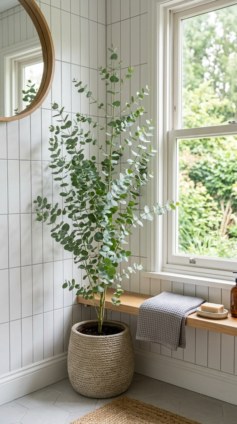 008 Eucalyptus Corner Plant A bathroom corner with a t
