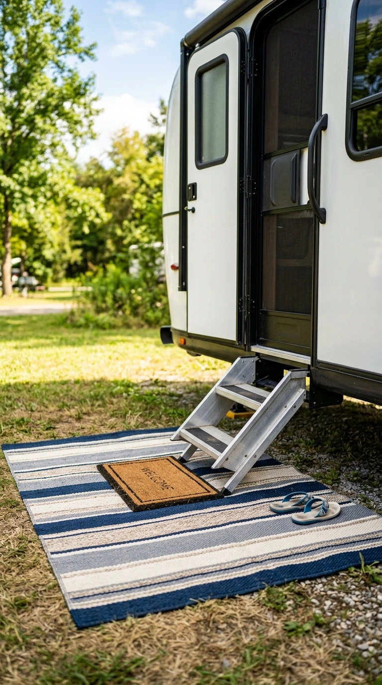 008 Foldable Outdoor Rug The entrance steps of an RV w