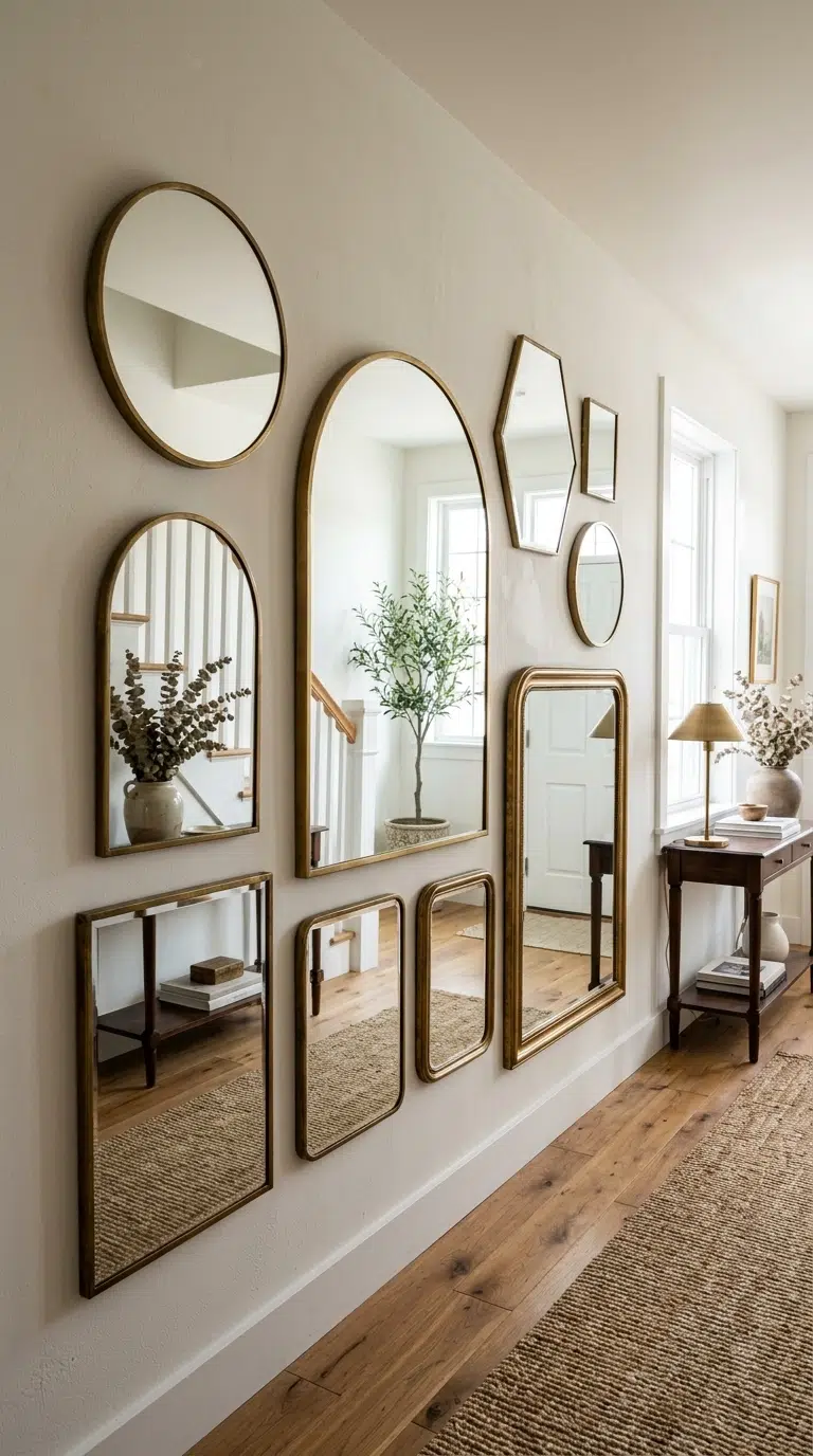 008 Gallery Wall Mirrors A hallway wall with a cluster