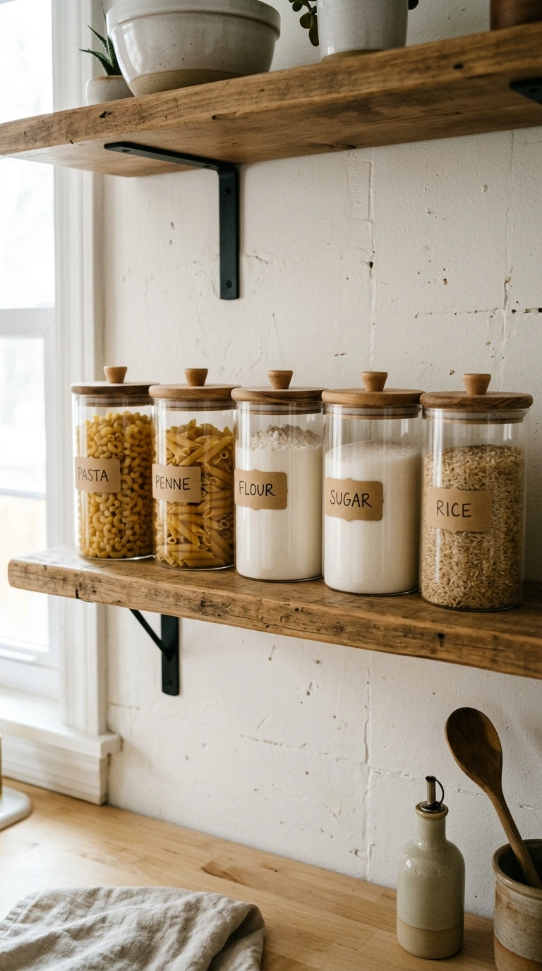 008 Glass Canister Display A kitchen open shelf lined