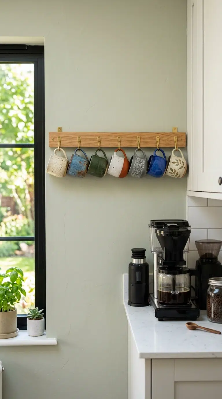 008 Hanging Mug Rail A kitchen wall beside a coffee ma