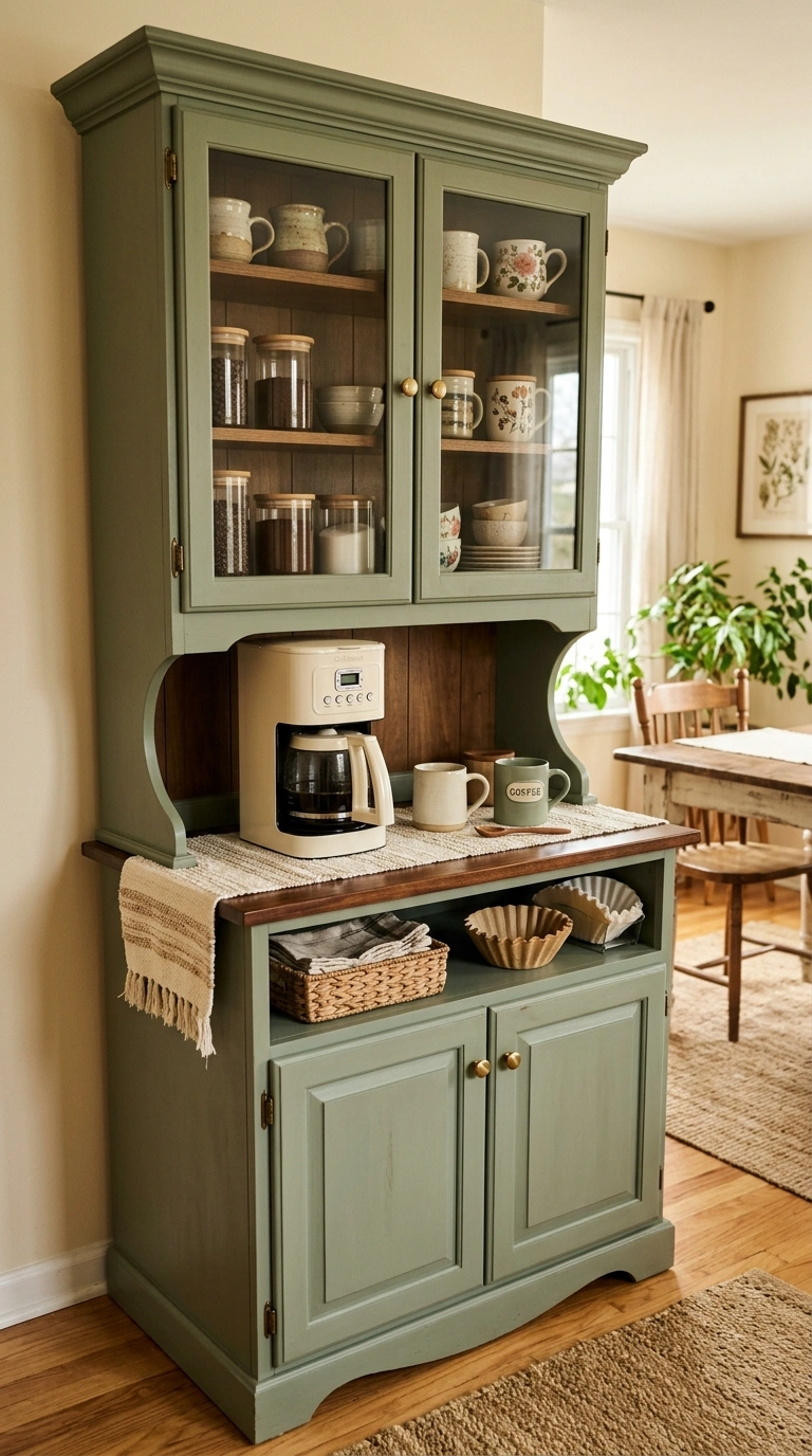008 Hutch Coffee Corner A sage green painted hutch wit