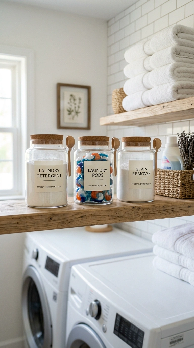 008 Label Jar Storage A laundry room shelf with a row
