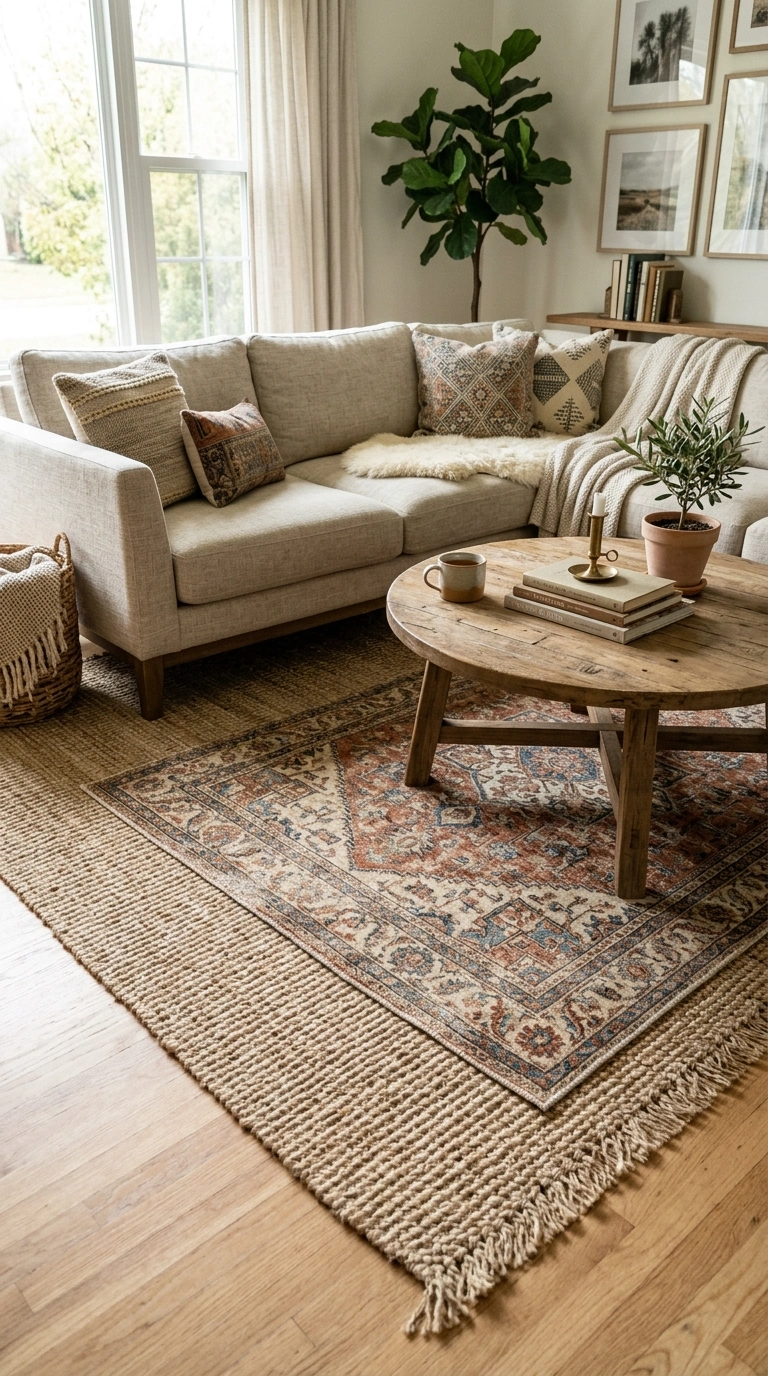 008 Layered Rug Trick A living room floor with a large