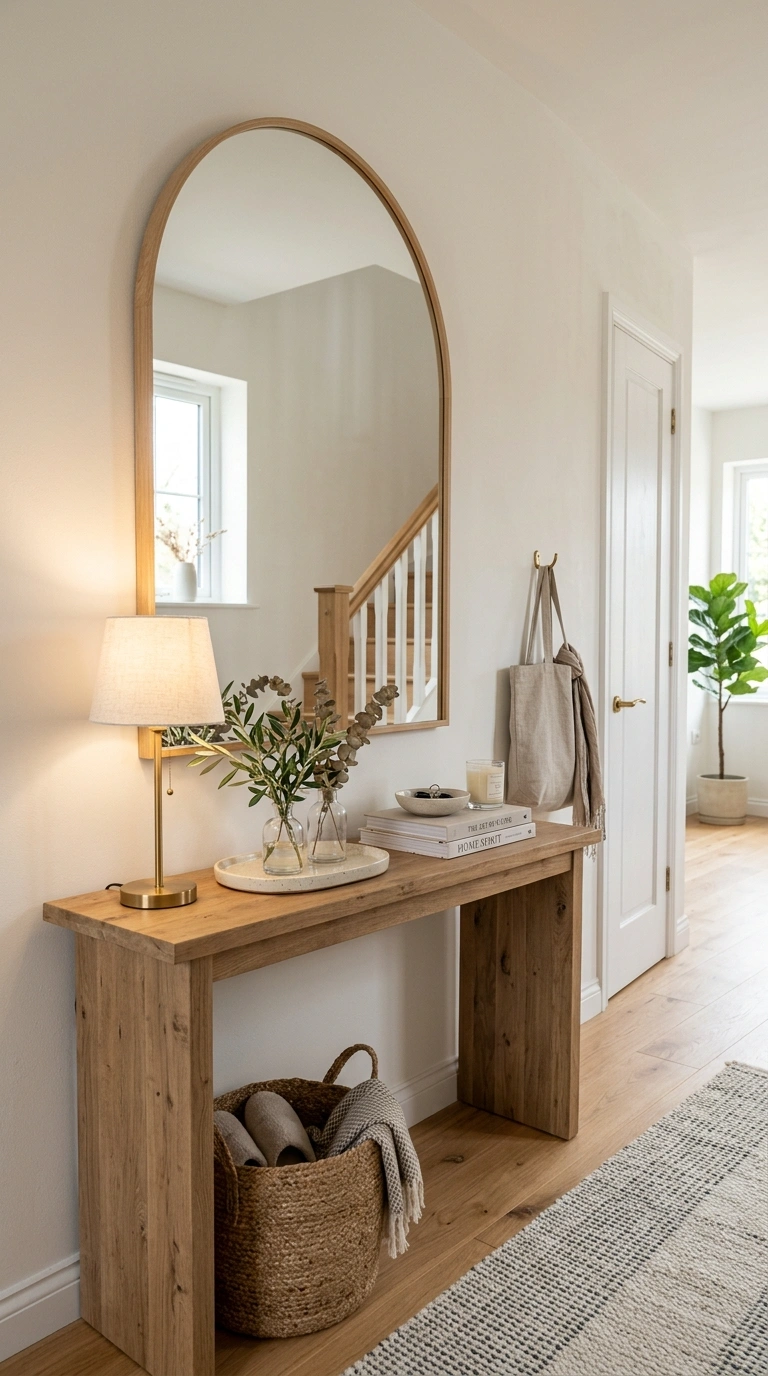 008 Mirror Above Console An entryway with a wood conso