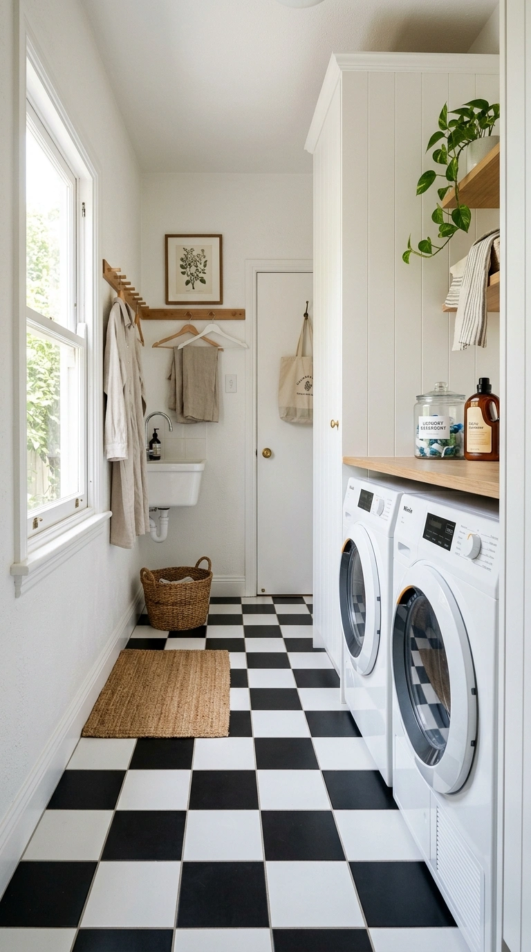 008 Patterned Tile Floor A tiny laundry room with a bl
