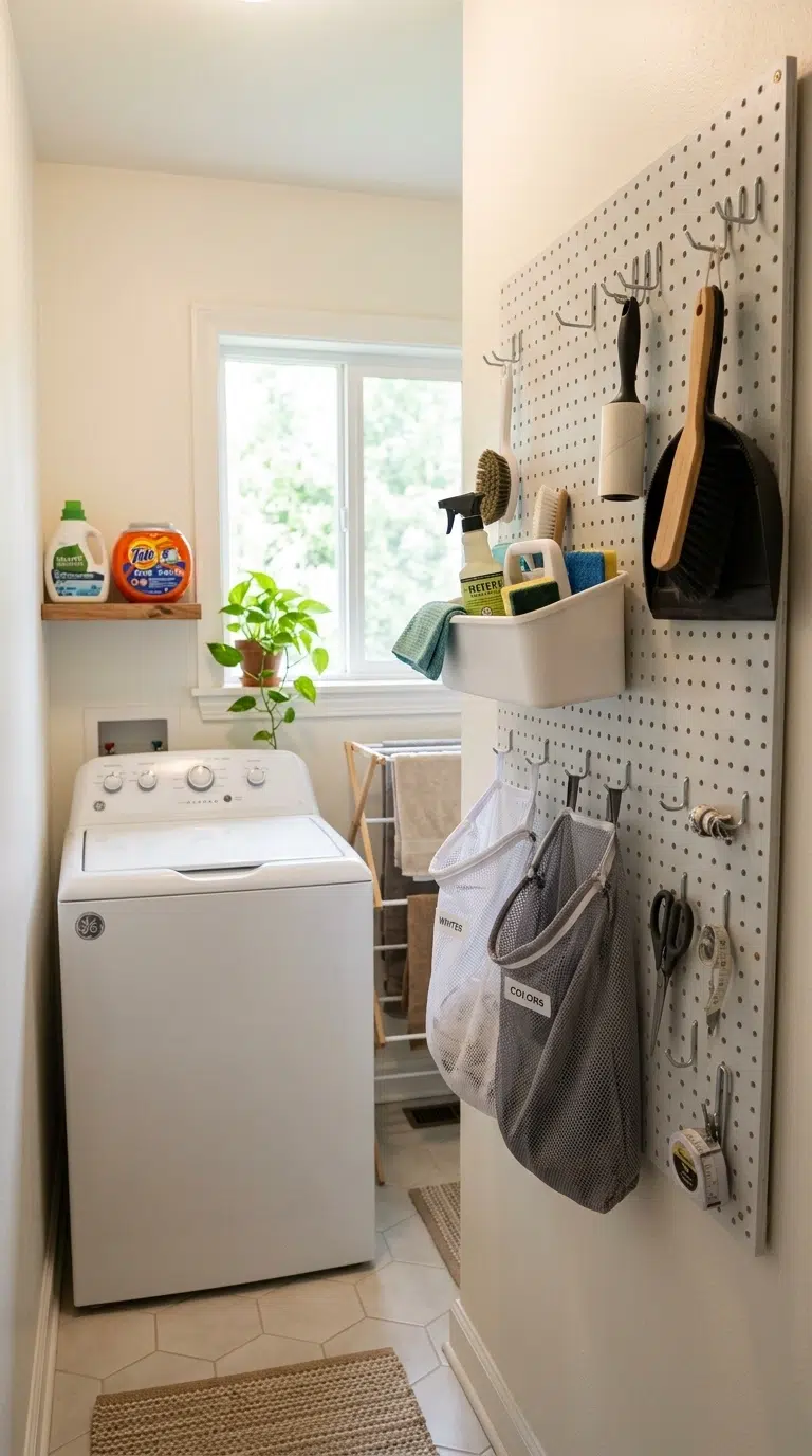 008 Pegboard Tool Wall A narrow laundry room with a wh