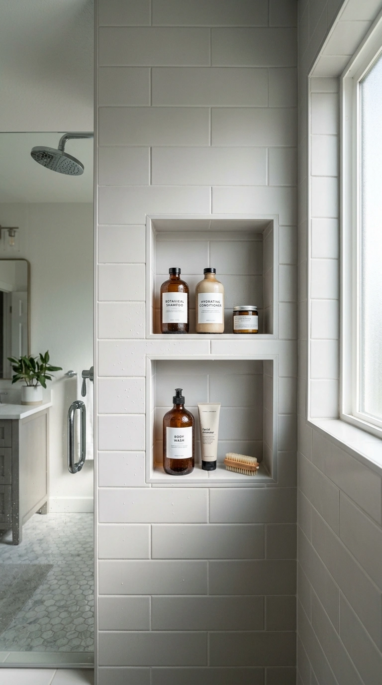 008 Recessed Wall Niche A small tiled shower area with