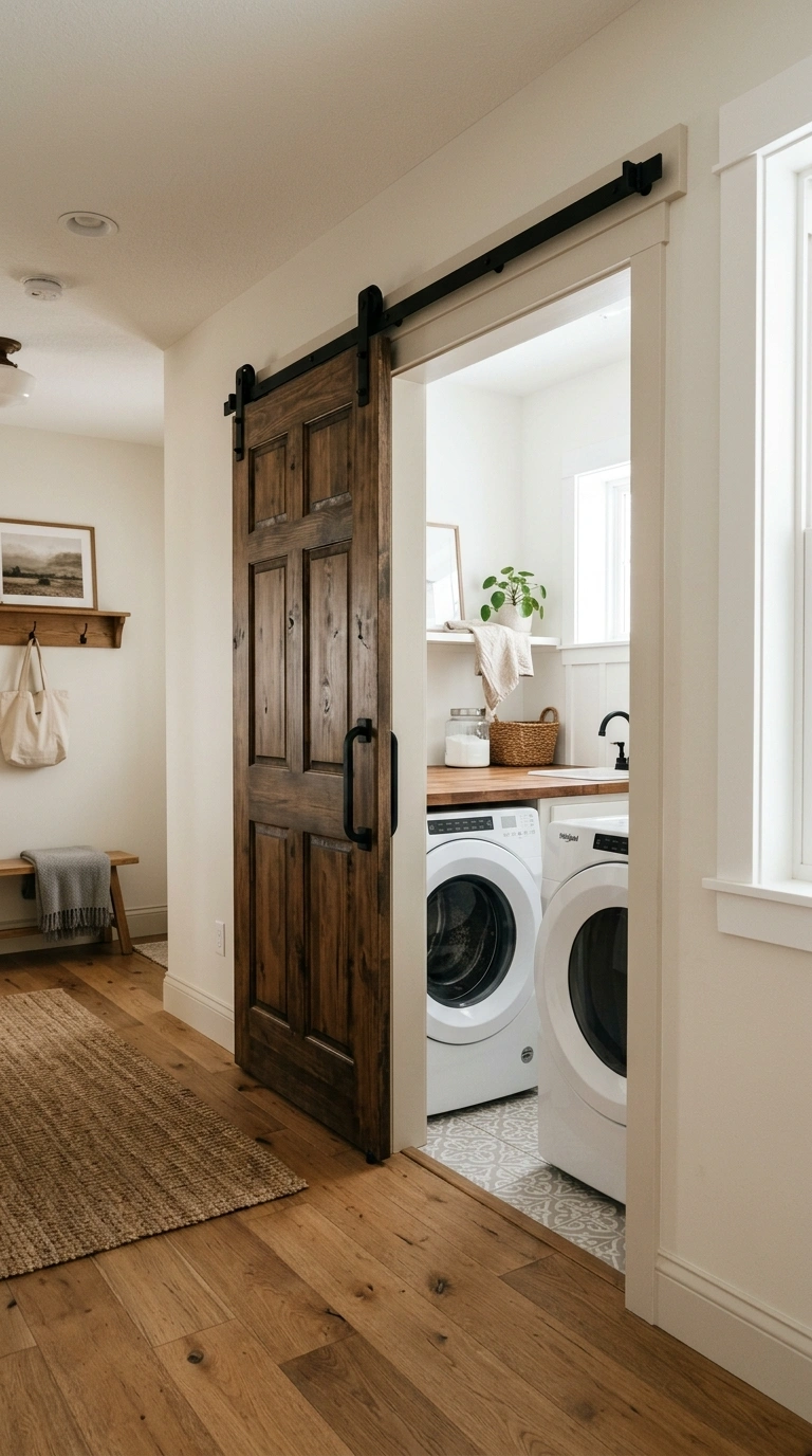 008 Sliding Barn Door A basement hallway with a wood s