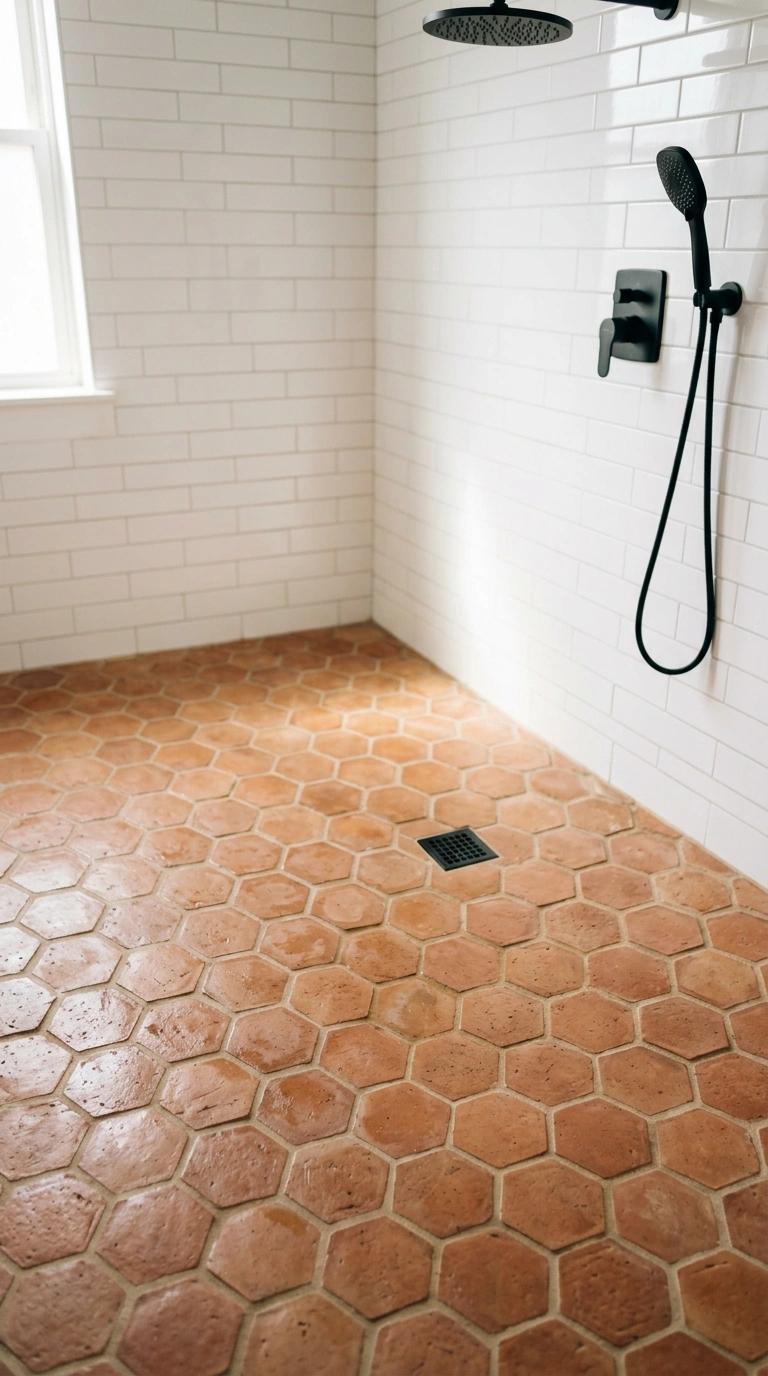 008 Terracotta Hex Tile A shower floor covered in warm