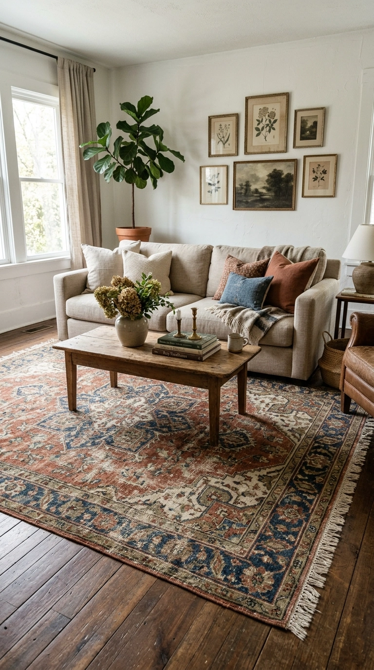 008 Vintage Rug Style A living room with a faded vinta