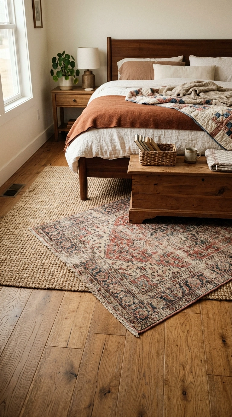 008 Vintage Rugs Layered A bedroom floor with a large