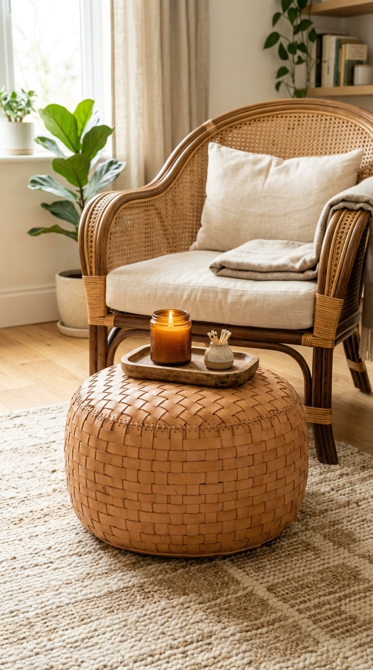 008 Woven Pouf Ottoman A round woven leather stitched
